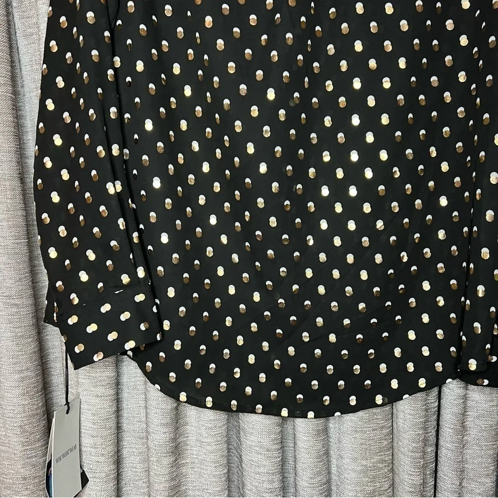 NWT Who What Wear Black Button Down Shirt with Gold & White Polka Dots Medium